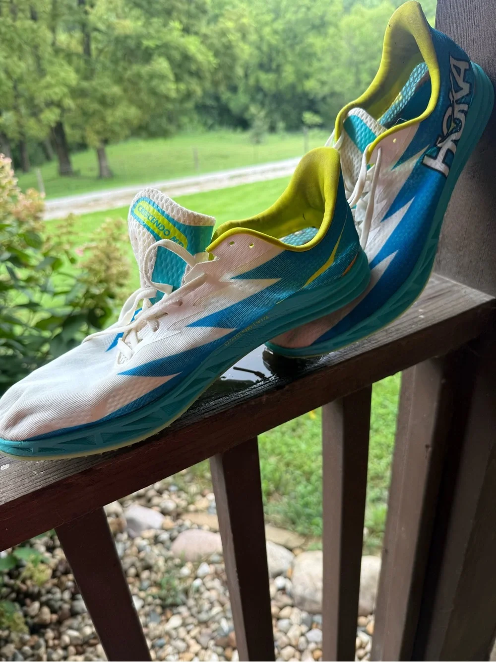 Hoka One One White & Teal Men's Athletic Running Shoes with Yellow Lining